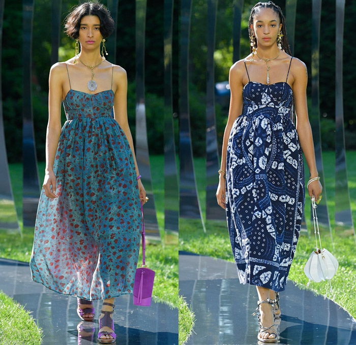 Ulla Johnson 2022 Spring Summer Womens Runway Looks Collection - New York Fashion Week NYFW - Zebra Denim Jeans Trucker Jacket Crop Top Midriff Anorak Windbreaker Plaid Check Flowers Floral Miniskirt Accordion Pleats Quilted Vest Blouse Embroidery Tiered Ruffles Draped Swimsuit Halterneck Peplum One Shoulder Puff Sleeves Poufy Shoulders Wide Leg Palazzo Pants Sheer Mesh Fishnet Noodle Strap Babydoll Prairie Dress Ikat Knit Sweater Seashells Belt Bag Pouch Lanyard Peanut Sandals Basket 