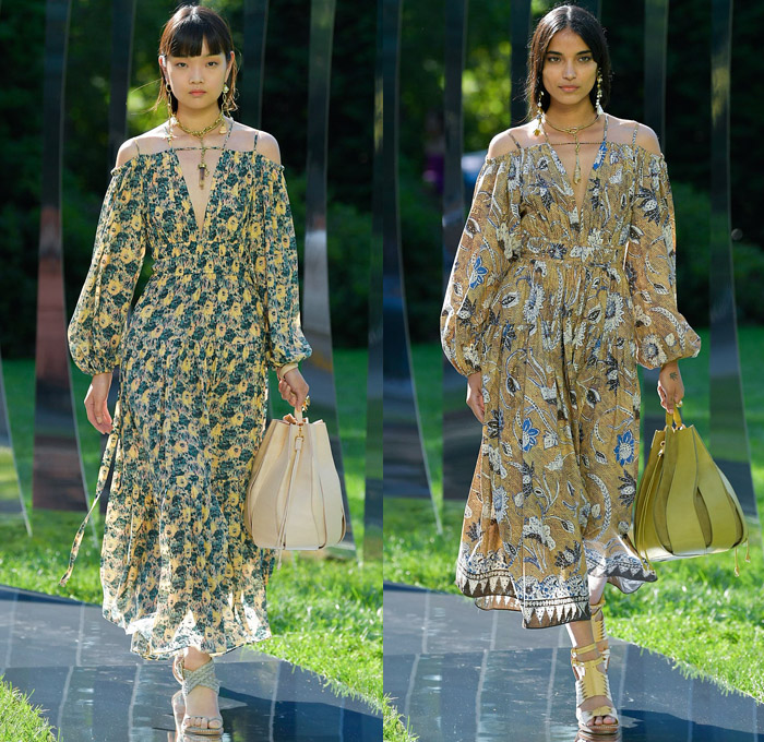 Ulla Johnson 2022 Spring Summer Womens Runway Looks Collection - New York Fashion Week NYFW - Zebra Denim Jeans Trucker Jacket Crop Top Midriff Anorak Windbreaker Plaid Check Flowers Floral Miniskirt Accordion Pleats Quilted Vest Blouse Embroidery Tiered Ruffles Draped Swimsuit Halterneck Peplum One Shoulder Puff Sleeves Poufy Shoulders Wide Leg Palazzo Pants Sheer Mesh Fishnet Noodle Strap Babydoll Prairie Dress Ikat Knit Sweater Seashells Belt Bag Pouch Lanyard Peanut Sandals Basket 