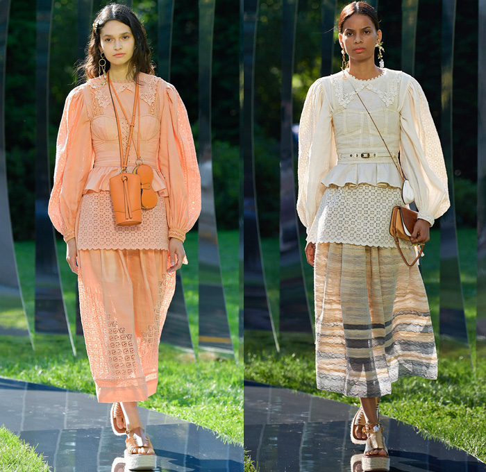 Ulla Johnson 2022 Spring Summer Womens Runway Looks Collection - New York Fashion Week NYFW - Zebra Denim Jeans Trucker Jacket Crop Top Midriff Anorak Windbreaker Plaid Check Flowers Floral Miniskirt Accordion Pleats Quilted Vest Blouse Embroidery Tiered Ruffles Draped Swimsuit Halterneck Peplum One Shoulder Puff Sleeves Poufy Shoulders Wide Leg Palazzo Pants Sheer Mesh Fishnet Noodle Strap Babydoll Prairie Dress Ikat Knit Sweater Seashells Belt Bag Pouch Lanyard Peanut Sandals Basket 