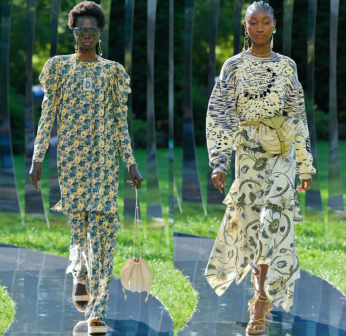 Ulla Johnson 2022 Spring Summer Womens Runway Looks Collection - New York Fashion Week NYFW - Zebra Denim Jeans Trucker Jacket Crop Top Midriff Anorak Windbreaker Plaid Check Flowers Floral Miniskirt Accordion Pleats Quilted Vest Blouse Embroidery Tiered Ruffles Draped Swimsuit Halterneck Peplum One Shoulder Puff Sleeves Poufy Shoulders Wide Leg Palazzo Pants Sheer Mesh Fishnet Noodle Strap Babydoll Prairie Dress Ikat Knit Sweater Seashells Belt Bag Pouch Lanyard Peanut Sandals Basket 