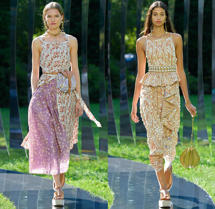 Ulla Johnson 2022 Spring Summer Womens Runway Looks Collection - New York Fashion Week NYFW - Zebra Denim Jeans Trucker Jacket Crop Top Midriff Anorak Windbreaker Plaid Check Flowers Floral Miniskirt Accordion Pleats Quilted Vest Blouse Embroidery Tiered Ruffles Draped Swimsuit Halterneck Peplum One Shoulder Puff Sleeves Poufy Shoulders Wide Leg Palazzo Pants Sheer Mesh Fishnet Noodle Strap Babydoll Prairie Dress Ikat Knit Sweater Seashells Belt Bag Pouch Lanyard Peanut Sandals Basket 