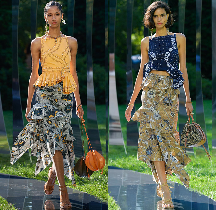 Ulla Johnson 2022 Spring Summer Womens Runway Looks Collection - New York Fashion Week NYFW - Zebra Denim Jeans Trucker Jacket Crop Top Midriff Anorak Windbreaker Plaid Check Flowers Floral Miniskirt Accordion Pleats Quilted Vest Blouse Embroidery Tiered Ruffles Draped Swimsuit Halterneck Peplum One Shoulder Puff Sleeves Poufy Shoulders Wide Leg Palazzo Pants Sheer Mesh Fishnet Noodle Strap Babydoll Prairie Dress Ikat Knit Sweater Seashells Belt Bag Pouch Lanyard Peanut Sandals Basket 