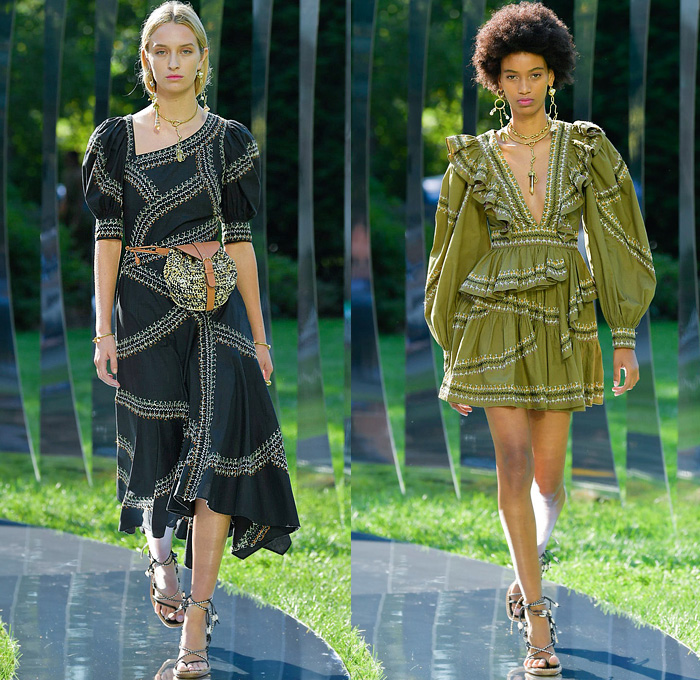 Ulla Johnson 2022 Spring Summer Womens Runway Looks Collection - New York Fashion Week NYFW - Zebra Denim Jeans Trucker Jacket Crop Top Midriff Anorak Windbreaker Plaid Check Flowers Floral Miniskirt Accordion Pleats Quilted Vest Blouse Embroidery Tiered Ruffles Draped Swimsuit Halterneck Peplum One Shoulder Puff Sleeves Poufy Shoulders Wide Leg Palazzo Pants Sheer Mesh Fishnet Noodle Strap Babydoll Prairie Dress Ikat Knit Sweater Seashells Belt Bag Pouch Lanyard Peanut Sandals Basket 