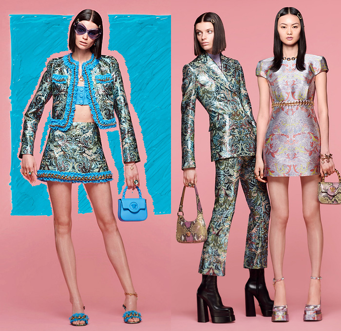 Versace 2022 Resort Cruise Pre-Spring Womens Lookbook Collection - Greca Monogram Logo Medusa 1970s Seventies Psychedelic Hypnotic Chains Jacquard Brocade Crop Top Midriff Pantsuit Blazer Bedazzled Embroidery Studs Crystals Sheer Tulle Gown Scarf Head Scarf Tweed Check Coat Knit Cardigan Coins Medallions Argyle Fringes Draped Pleats Quilted Puffer Shift Dress Blouse Patchwork Loungewear Silk Satin Denim Jeans Latex Miniskirt Tights Leggings Flare Handbag Snakeskin Platform Boots