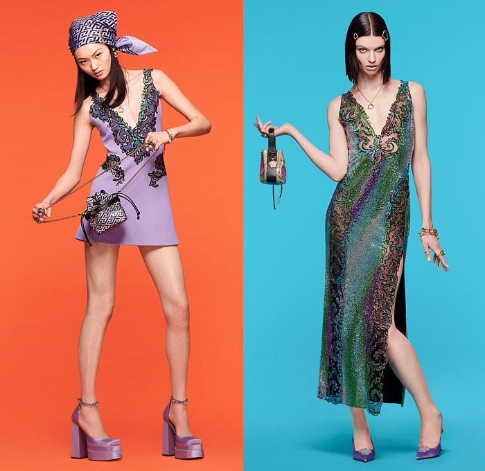 Versace 2022 Resort Cruise Pre-Spring Womens Lookbook Collection - Greca Monogram Logo Medusa 1970s Seventies Psychedelic Hypnotic Chains Jacquard Brocade Crop Top Midriff Pantsuit Blazer Bedazzled Embroidery Studs Crystals Sheer Tulle Gown Scarf Head Scarf Tweed Check Coat Knit Cardigan Coins Medallions Argyle Fringes Draped Pleats Quilted Puffer Shift Dress Blouse Patchwork Loungewear Silk Satin Denim Jeans Latex Miniskirt Tights Leggings Flare Handbag Snakeskin Platform Boots