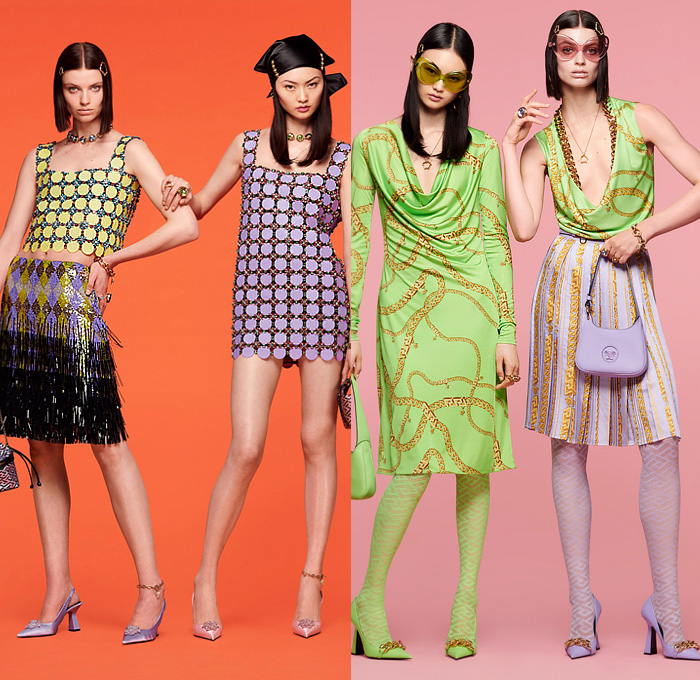 Versace 2022 Resort Cruise Pre-Spring Womens Lookbook Collection - Greca Monogram Logo Medusa 1970s Seventies Psychedelic Hypnotic Chains Jacquard Brocade Crop Top Midriff Pantsuit Blazer Bedazzled Embroidery Studs Crystals Sheer Tulle Gown Scarf Head Scarf Tweed Check Coat Knit Cardigan Coins Medallions Argyle Fringes Draped Pleats Quilted Puffer Shift Dress Blouse Patchwork Loungewear Silk Satin Denim Jeans Latex Miniskirt Tights Leggings Flare Handbag Snakeskin Platform Boots