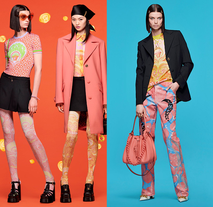 Versace 2022 Resort Cruise Pre-Spring Womens Lookbook Collection - Greca Monogram Logo Medusa 1970s Seventies Psychedelic Hypnotic Chains Jacquard Brocade Crop Top Midriff Pantsuit Blazer Bedazzled Embroidery Studs Crystals Sheer Tulle Gown Scarf Head Scarf Tweed Check Coat Knit Cardigan Coins Medallions Argyle Fringes Draped Pleats Quilted Puffer Shift Dress Blouse Patchwork Loungewear Silk Satin Denim Jeans Latex Miniskirt Tights Leggings Flare Handbag Snakeskin Platform Boots