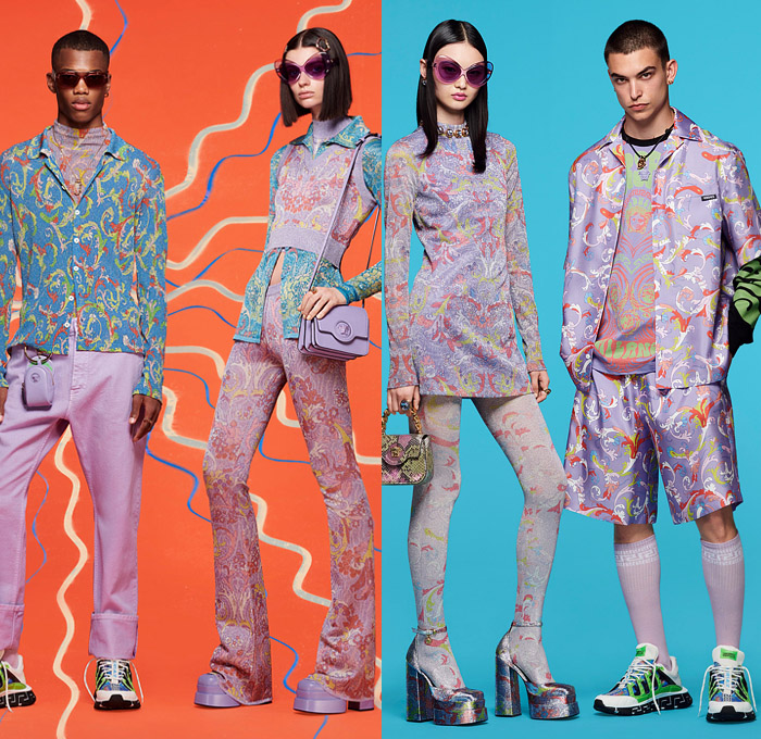 Versace 2022 Resort Cruise Pre-Spring Mens Lookbook Collection - Greca Monogram Logo Medusa 1970s Seventies Psychedelic Hypnotic Graphic Suit Blazer Plaid Check Chains Trucker Jacket Neck Tie Stripes Pea Coat Suspenders Shorts Knit Sweater Quilted Puffer Parka Hoodie Denim Jeans Cargo Utility Pockets Mesh Holes Loungewear Handbag Tote Lanyard Pouch Backpack Fanny Pack Belt Bag Socks Sneakers Trainers Loafers Sunglasses Bucket Hat