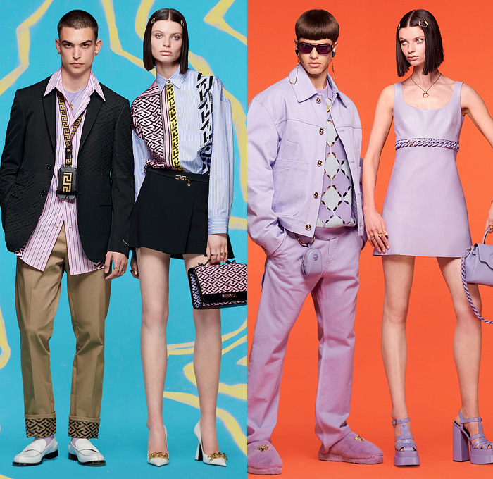 Versace 2022 Resort Cruise Pre-Spring Mens Lookbook Collection - Greca Monogram Logo Medusa 1970s Seventies Psychedelic Hypnotic Graphic Suit Blazer Plaid Check Chains Trucker Jacket Neck Tie Stripes Pea Coat Suspenders Shorts Knit Sweater Quilted Puffer Parka Hoodie Denim Jeans Cargo Utility Pockets Mesh Holes Loungewear Handbag Tote Lanyard Pouch Backpack Fanny Pack Belt Bag Socks Sneakers Trainers Loafers Sunglasses Bucket Hat