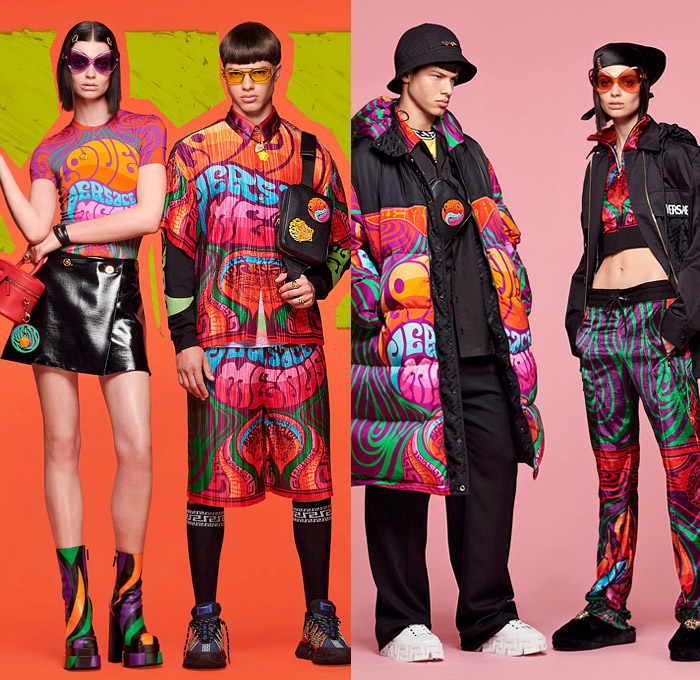 Versace 2022 Resort Cruise Pre-Spring Mens Lookbook Collection - Greca Monogram Logo Medusa 1970s Seventies Psychedelic Hypnotic Graphic Suit Blazer Plaid Check Chains Trucker Jacket Neck Tie Stripes Pea Coat Suspenders Shorts Knit Sweater Quilted Puffer Parka Hoodie Denim Jeans Cargo Utility Pockets Mesh Holes Loungewear Handbag Tote Lanyard Pouch Backpack Fanny Pack Belt Bag Socks Sneakers Trainers Loafers Sunglasses Bucket Hat