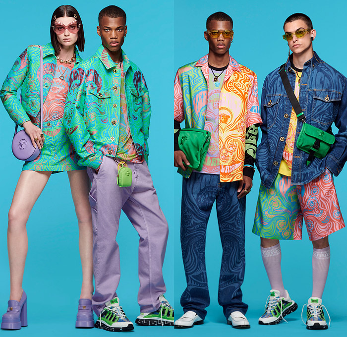 Versace 2022 Resort Cruise Pre-Spring Mens Lookbook Collection - Greca Monogram Logo Medusa 1970s Seventies Psychedelic Hypnotic Graphic Suit Blazer Plaid Check Chains Trucker Jacket Neck Tie Stripes Pea Coat Suspenders Shorts Knit Sweater Quilted Puffer Parka Hoodie Denim Jeans Cargo Utility Pockets Mesh Holes Loungewear Handbag Tote Lanyard Pouch Backpack Fanny Pack Belt Bag Socks Sneakers Trainers Loafers Sunglasses Bucket Hat