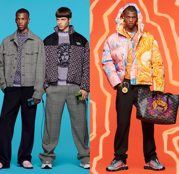 Versace 2022 Resort Cruise Pre-Spring Mens Lookbook Collection - Greca Monogram Logo Medusa 1970s Seventies Psychedelic Hypnotic Graphic Suit Blazer Plaid Check Chains Trucker Jacket Neck Tie Stripes Pea Coat Suspenders Shorts Knit Sweater Quilted Puffer Parka Hoodie Denim Jeans Cargo Utility Pockets Mesh Holes Loungewear Handbag Tote Lanyard Pouch Backpack Fanny Pack Belt Bag Socks Sneakers Trainers Loafers Sunglasses Bucket Hat