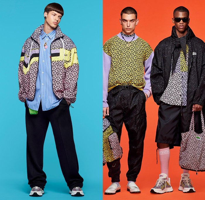 Versace 2022 Resort Cruise Pre-Spring Mens Lookbook Collection - Greca Monogram Logo Medusa 1970s Seventies Psychedelic Hypnotic Graphic Suit Blazer Plaid Check Chains Trucker Jacket Neck Tie Stripes Pea Coat Suspenders Shorts Knit Sweater Quilted Puffer Parka Hoodie Denim Jeans Cargo Utility Pockets Mesh Holes Loungewear Handbag Tote Lanyard Pouch Backpack Fanny Pack Belt Bag Socks Sneakers Trainers Loafers Sunglasses Bucket Hat