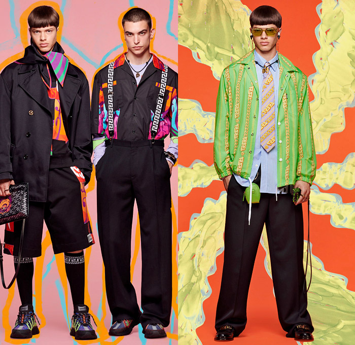 Versace 2022 Resort Cruise Pre-Spring Mens Lookbook Collection - Greca Monogram Logo Medusa 1970s Seventies Psychedelic Hypnotic Graphic Suit Blazer Plaid Check Chains Trucker Jacket Neck Tie Stripes Pea Coat Suspenders Shorts Knit Sweater Quilted Puffer Parka Hoodie Denim Jeans Cargo Utility Pockets Mesh Holes Loungewear Handbag Tote Lanyard Pouch Backpack Fanny Pack Belt Bag Socks Sneakers Trainers Loafers Sunglasses Bucket Hat