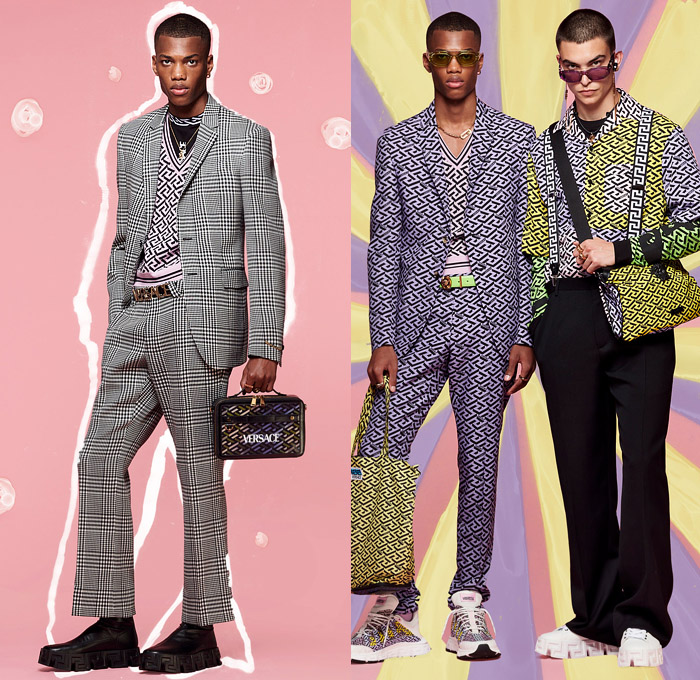 Versace 2022 Resort Cruise Pre-Spring Mens Lookbook Collection - Greca Monogram Logo Medusa 1970s Seventies Psychedelic Hypnotic Graphic Suit Blazer Plaid Check Chains Trucker Jacket Neck Tie Stripes Pea Coat Suspenders Shorts Knit Sweater Quilted Puffer Parka Hoodie Denim Jeans Cargo Utility Pockets Mesh Holes Loungewear Handbag Tote Lanyard Pouch Backpack Fanny Pack Belt Bag Socks Sneakers Trainers Loafers Sunglasses Bucket Hat