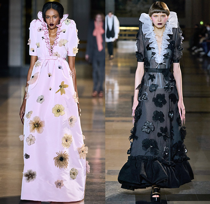 Viktor + Rolf 2022 Spring Couture Womens Runway Catwalk Looks - Haute Couture Avant Garde High Fashion - Surreal Shoulder Nosferatu Dracula Vampire Frankenstein Shoulders Long Sleeve Shirt Blouse Vest Elongated Tiered Ruffles Blazer Pantsuit Tuxedo Jacket Dovetail Poufy Shoulders Sheer Tulle Tutu Flowers Floral Embroidery Long Nails Bedazzled Sequins Trompe L'oeil Dress Gown One Shoulder Silk Satin Bow Robe Butterfly Shoulders Trench Coat Hanging Sleeve Ripple Effect