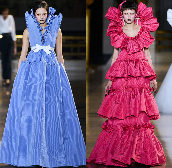 Viktor + Rolf 2022 Spring Couture Womens Runway Catwalk Looks - Haute Couture Avant Garde High Fashion - Surreal Shoulder Nosferatu Dracula Vampire Frankenstein Shoulders Long Sleeve Shirt Blouse Vest Elongated Tiered Ruffles Blazer Pantsuit Tuxedo Jacket Dovetail Poufy Shoulders Sheer Tulle Tutu Flowers Floral Embroidery Long Nails Bedazzled Sequins Trompe L'oeil Dress Gown One Shoulder Silk Satin Bow Robe Butterfly Shoulders Trench Coat Hanging Sleeve Ripple Effect