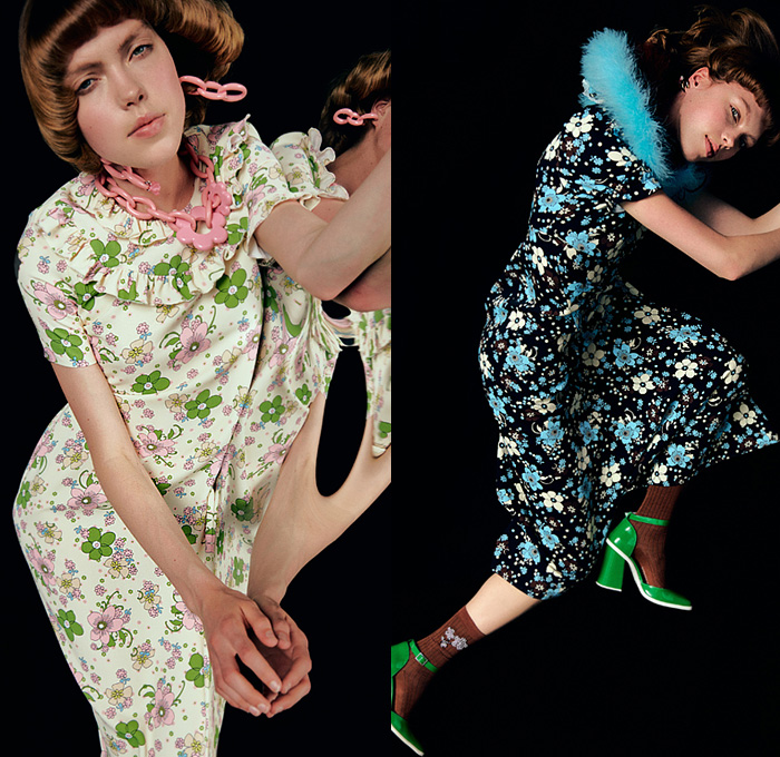 Vivetta 2022 Resort Cruise Pre-Spring Womens Lookbook Presentation - Flowers Floral Sundress Prairie Damsel Dress Fur Shaggy Knit Crochet Weave Blouse Stripes Loungewear Sleepwear Silk Satin Pantsuit Khakis Trackwear Track Jacket Lace Embroidery Poufy Shoulders Puff Sleeves Picnic Check Checkered Puritan Collar Wide Collar Wide Leg Pants Denim Jeans Miniskirt Socks Wedge Handbag 