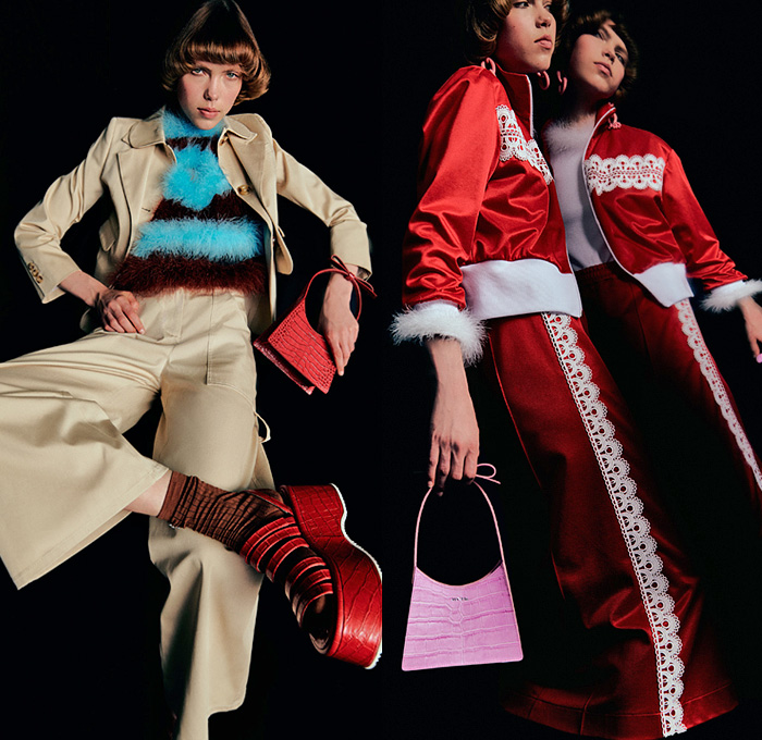 Vivetta 2022 Resort Cruise Pre-Spring Womens Lookbook Presentation - Flowers Floral Sundress Prairie Damsel Dress Fur Shaggy Knit Crochet Weave Blouse Stripes Loungewear Sleepwear Silk Satin Pantsuit Khakis Trackwear Track Jacket Lace Embroidery Poufy Shoulders Puff Sleeves Picnic Check Checkered Puritan Collar Wide Collar Wide Leg Pants Denim Jeans Miniskirt Socks Wedge Handbag 