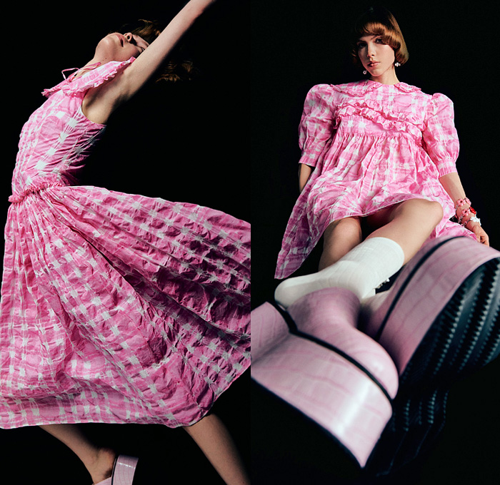 Vivetta 2022 Resort Cruise Pre-Spring Womens Lookbook Presentation - Flowers Floral Sundress Prairie Damsel Dress Fur Shaggy Knit Crochet Weave Blouse Stripes Loungewear Sleepwear Silk Satin Pantsuit Khakis Trackwear Track Jacket Lace Embroidery Poufy Shoulders Puff Sleeves Picnic Check Checkered Puritan Collar Wide Collar Wide Leg Pants Denim Jeans Miniskirt Socks Wedge Handbag 