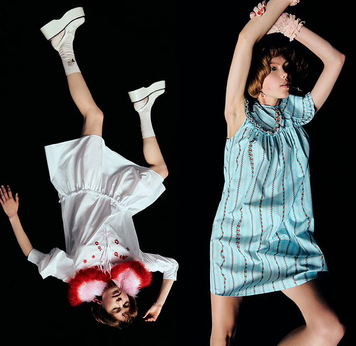 Vivetta 2022 Resort Cruise Pre-Spring Womens Lookbook Presentation - Flowers Floral Sundress Prairie Damsel Dress Fur Shaggy Knit Crochet Weave Blouse Stripes Loungewear Sleepwear Silk Satin Pantsuit Khakis Trackwear Track Jacket Lace Embroidery Poufy Shoulders Puff Sleeves Picnic Check Checkered Puritan Collar Wide Collar Wide Leg Pants Denim Jeans Miniskirt Socks Wedge Handbag 