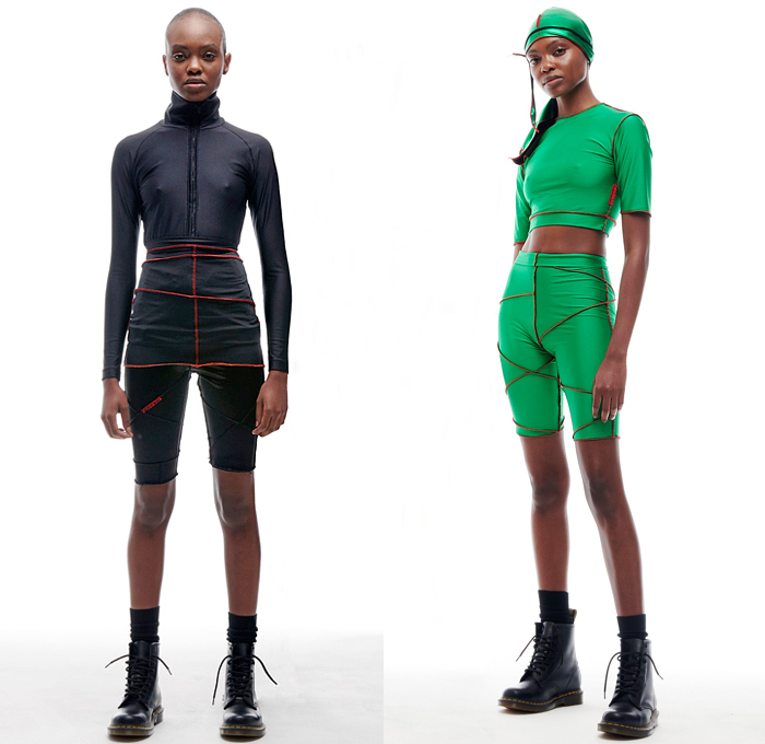 XULY.Bët 2022 Spring Summer Womens Lookbook Presentation - Mode à Paris Fashion Week France - Lamine Kouyaté - Funkin Fashion Lycra Tights Crop Top Midriff Mini Dress Dress Athleisure Lingerie Intimates Bodycon Halterneck Sheer Tulle Stockings Onesie Jumpsuit Coveralls Catsuit Playsuit Red Ribbed Stitiching Camisole Turtleneck Trackwear Compression Bicycle Shorts Patchwork Cardigan Strings Stripes Miniskirt Swimwear Bikini Headwear Headwrap Sneakers Trainers Boots