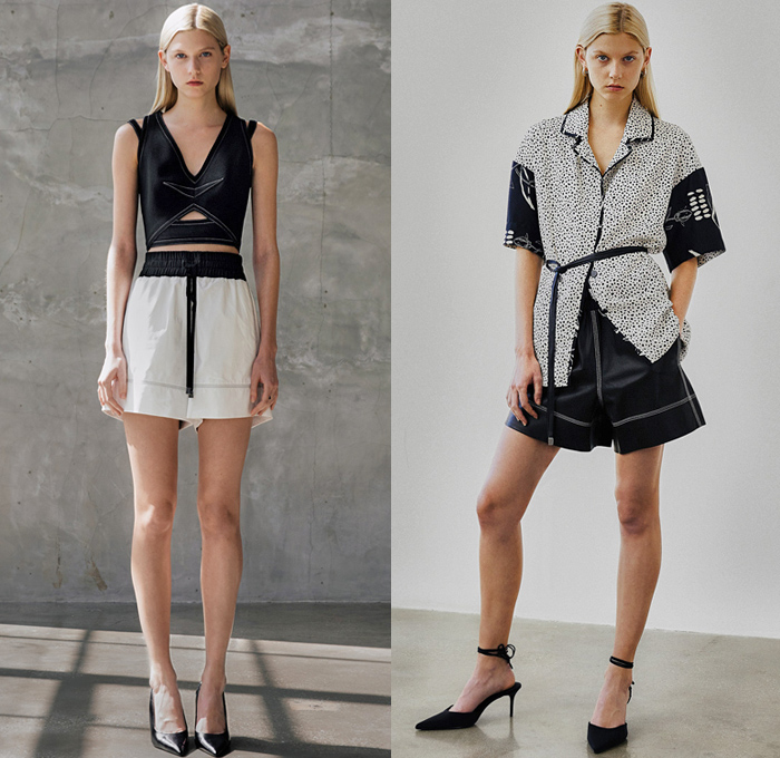Yigal Azrouël 2022 Spring Summer Womens Lookbook Presentation - New York Fashion Week NYFW - Tank Top Midriff Loungewear Shirt Spots Tiles Flowers Floral Drawing Sketch Strings Loops Ring Deconstructed Cutout Holes Asymmetrical Shirtdress Noodle Strap Contrast Stitching Cocktail Party Dress One Shoulder Blazer Tied Knot Denim Jeans Coat Motorcycle Biker Jacket Leather Abstract Wide Leg Palazzo Pants Boxing Shorts Heels
