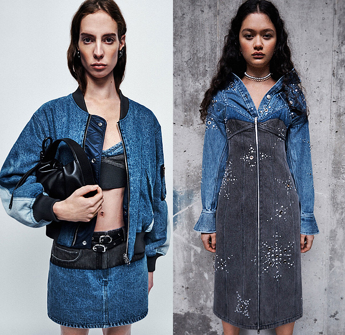 3.1 Phillip Lim 2023 Pre-Fall Autumn Womens Lookbook - Denim Jeans Bomber Jacket Patchwork Crop Top Midriff Bedazzled Metal Studs Grommets Fringes Strings Mesh Tied Fishnet Knit Sweater Geometric Diamond-Shape Lace Embroidery House Dress Ruffles Frills Asymmetrical Blurred Flowers Floral Sheer Tulle Chiffon Organza Puffy Poufy Shoulders Leg O'Mutton Sleeves Pleats Miniskirt Coat Parka Utility Pockets Shoelaces Handbag Boots