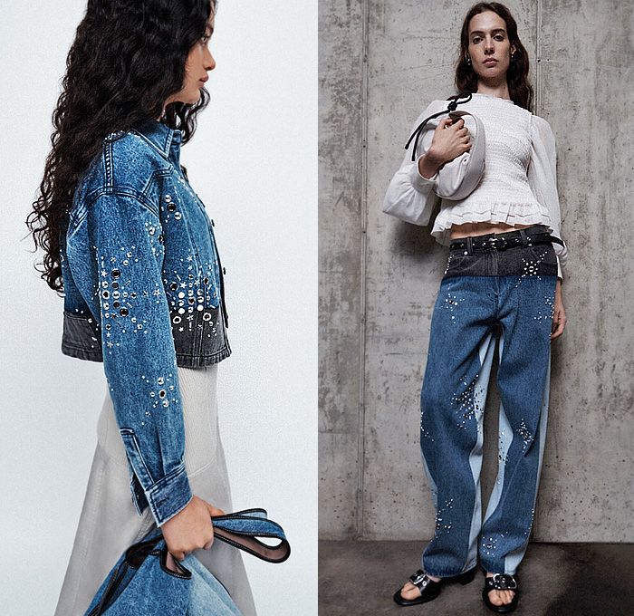 3.1 Phillip Lim 2023 Pre-Fall Autumn Womens Lookbook - Denim Jeans Bomber Jacket Patchwork Crop Top Midriff Bedazzled Metal Studs Grommets Fringes Strings Mesh Tied Fishnet Knit Sweater Geometric Diamond-Shape Lace Embroidery House Dress Ruffles Frills Asymmetrical Blurred Flowers Floral Sheer Tulle Chiffon Organza Puffy Poufy Shoulders Leg O'Mutton Sleeves Pleats Miniskirt Coat Parka Utility Pockets Shoelaces Handbag Boots