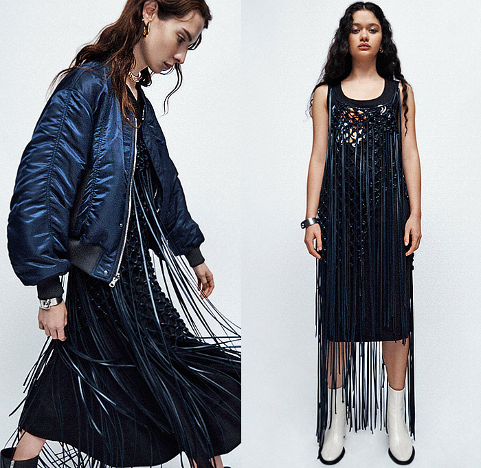 3.1 Phillip Lim 2023 Pre-Fall Autumn Womens Lookbook - Denim Jeans Bomber Jacket Patchwork Crop Top Midriff Bedazzled Metal Studs Grommets Fringes Strings Mesh Tied Fishnet Knit Sweater Geometric Diamond-Shape Lace Embroidery House Dress Ruffles Frills Asymmetrical Blurred Flowers Floral Sheer Tulle Chiffon Organza Puffy Poufy Shoulders Leg O'Mutton Sleeves Pleats Miniskirt Coat Parka Utility Pockets Shoelaces Handbag Boots