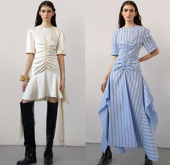 Aknvas 2023 Pre-Fall Autumn Womens Lookbook - Cinch Dress Mullet Hem Draped Stripes Ropes Weave Braid Mesh Net Fringes Blouse Knit Sweater Vest Cap Sleeve Tiered Ruffles Crop Top Midriff Pantsuit Blazer Cargo Pants Wide Leg Slouchy Utility Pockets Miniskirt Thigh High Boots