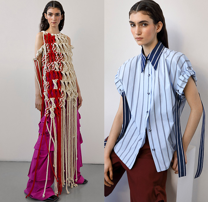 Aknvas 2023 Pre-Fall Autumn Womens Lookbook - Cinch Dress Mullet Hem Draped Stripes Ropes Weave Braid Mesh Net Fringes Blouse Knit Sweater Vest Cap Sleeve Tiered Ruffles Crop Top Midriff Pantsuit Blazer Cargo Pants Wide Leg Slouchy Utility Pockets Miniskirt Thigh High Boots