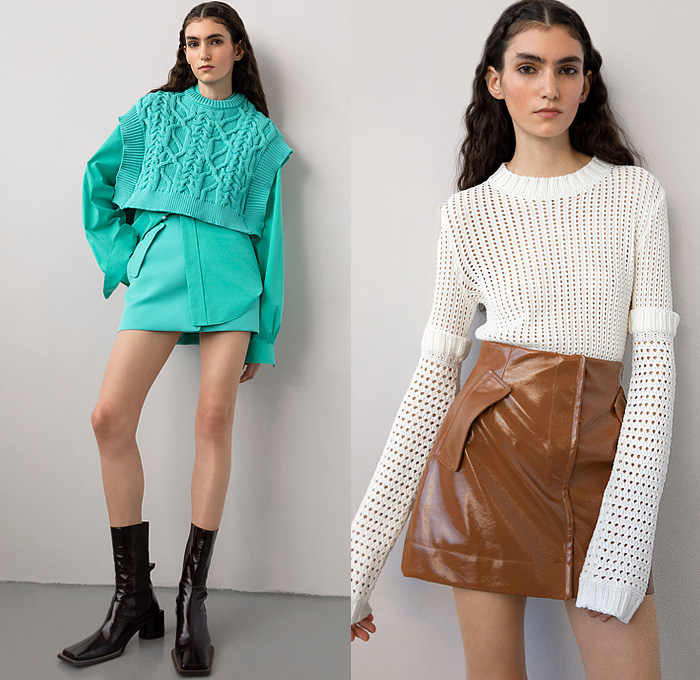 Aknvas 2023 Pre-Fall Autumn Womens Lookbook - Cinch Dress Mullet Hem Draped Stripes Ropes Weave Braid Mesh Net Fringes Blouse Knit Sweater Vest Cap Sleeve Tiered Ruffles Crop Top Midriff Pantsuit Blazer Cargo Pants Wide Leg Slouchy Utility Pockets Miniskirt Thigh High Boots