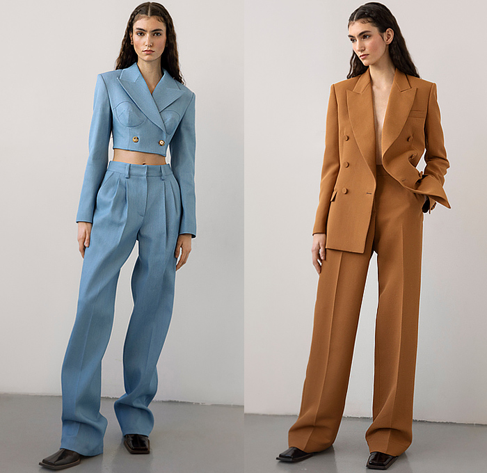 Aknvas 2023 Pre-Fall Autumn Womens Lookbook - Cinch Dress Mullet Hem Draped Stripes Ropes Weave Braid Mesh Net Fringes Blouse Knit Sweater Vest Cap Sleeve Tiered Ruffles Crop Top Midriff Pantsuit Blazer Cargo Pants Wide Leg Slouchy Utility Pockets Miniskirt Thigh High Boots