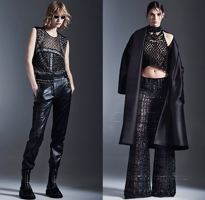 Alberta Ferretti 2023 Pre-Fall Autumn Womens Lookbook - Blouse Mesh Fishnet Bedazzled Studs Crystals Beads Sheer Tulle Coat Robe Velvet Velour Pantsuit Blazer Jacket Fringes Chain Tiered Furry Intimates Lingerie Camisole Lace Embroidery Handkerchief Hem Wrap Dress Mullet High-Low Hem Goddess Gown Draped Hood Shawl Cinch Wide Leg Palazzo Pants Flare Leggings Tights Handbag Boots Heels