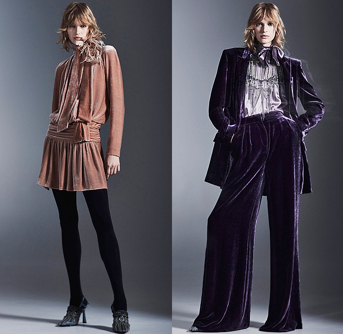 Alberta Ferretti 2023 Pre-Fall Autumn Womens Lookbook - Blouse Mesh Fishnet Bedazzled Studs Crystals Beads Sheer Tulle Coat Robe Velvet Velour Pantsuit Blazer Jacket Fringes Chain Tiered Furry Intimates Lingerie Camisole Lace Embroidery Handkerchief Hem Wrap Dress Mullet High-Low Hem Goddess Gown Draped Hood Shawl Cinch Wide Leg Palazzo Pants Flare Leggings Tights Handbag Boots Heels