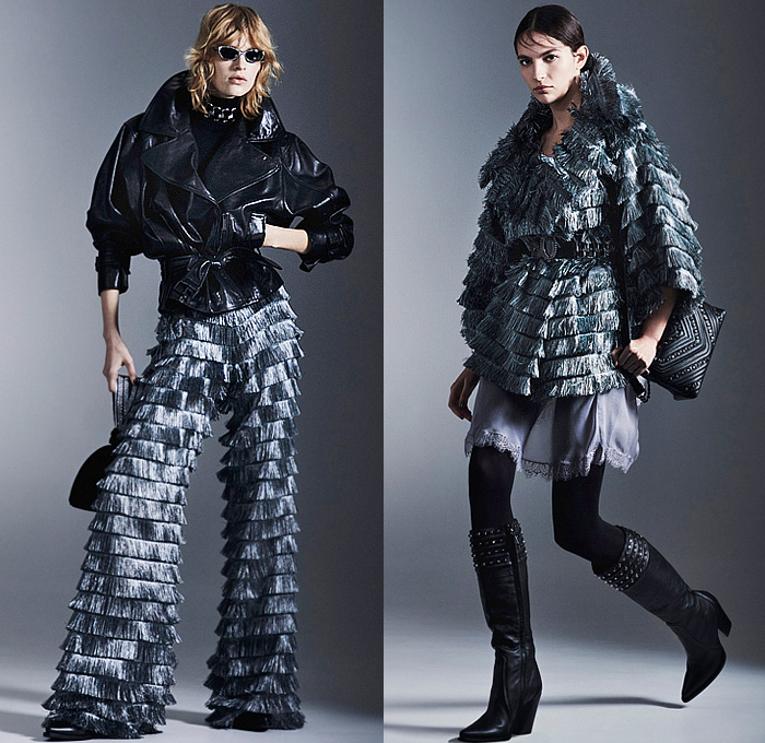Alberta Ferretti 2023 Pre-Fall Autumn Womens Lookbook - Blouse Mesh Fishnet Bedazzled Studs Crystals Beads Sheer Tulle Coat Robe Velvet Velour Pantsuit Blazer Jacket Fringes Chain Tiered Furry Intimates Lingerie Camisole Lace Embroidery Handkerchief Hem Wrap Dress Mullet High-Low Hem Goddess Gown Draped Hood Shawl Cinch Wide Leg Palazzo Pants Flare Leggings Tights Handbag Boots Heels