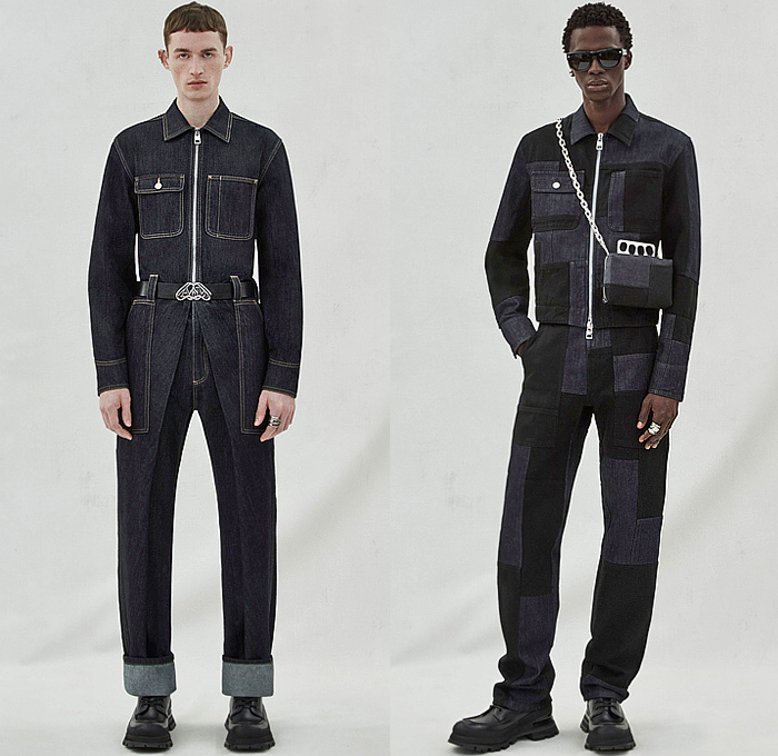 Alexander McQueen 2023-2024 Fall Autumn Winter Mens Lookbook Presentation - Dark Wash Denim Jeans Onesie Jumpsuit Coveralls Zipper Pockets Over Hem Patchwork Tank Top Sculpture Plants Orchids Silhouette Sleeveless Bustier Long Sleeve Shirt Neck Tie Double-Breasted Wide Leg Baggy Loose Crop Top Midriff Peplum Blazer Quilted Puffer Bomber Jacket Tights Leggings Outerwear Coat Parka Print Grunge Red Suit Satchel Chain Tote Handbag Backpack Boots