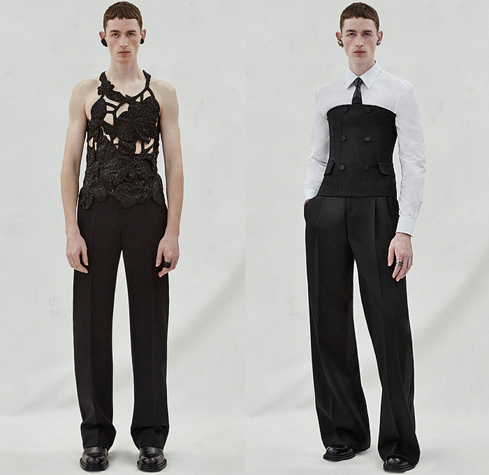 Alexander McQueen 2023-2024 Fall Autumn Winter Mens Lookbook Presentation - Dark Wash Denim Jeans Onesie Jumpsuit Coveralls Zipper Pockets Over Hem Patchwork Tank Top Sculpture Plants Orchids Silhouette Sleeveless Bustier Long Sleeve Shirt Neck Tie Double-Breasted Wide Leg Baggy Loose Crop Top Midriff Peplum Blazer Quilted Puffer Bomber Jacket Tights Leggings Outerwear Coat Parka Print Grunge Red Suit Satchel Chain Tote Handbag Backpack Boots