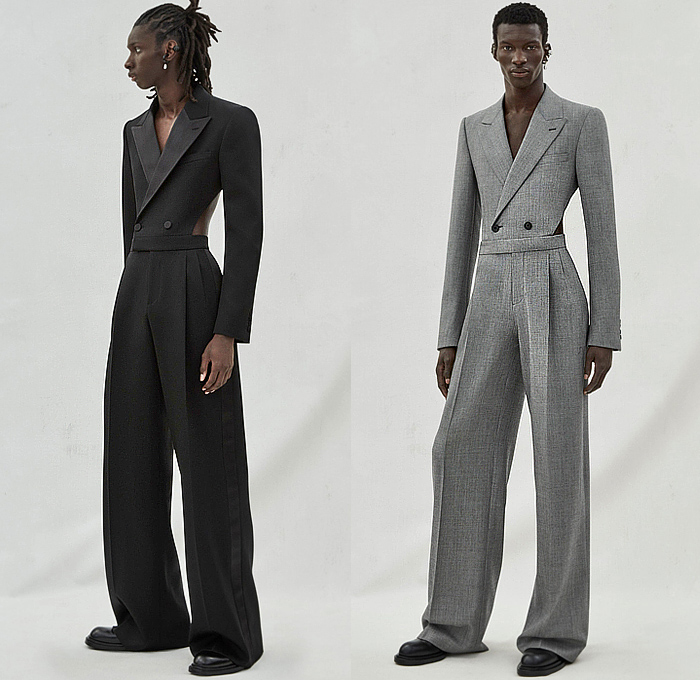 Alexander McQueen 2023-2024 Fall Autumn Winter Mens Lookbook Presentation - Dark Wash Denim Jeans Onesie Jumpsuit Coveralls Zipper Pockets Over Hem Patchwork Tank Top Sculpture Plants Orchids Silhouette Sleeveless Bustier Long Sleeve Shirt Neck Tie Double-Breasted Wide Leg Baggy Loose Crop Top Midriff Peplum Blazer Quilted Puffer Bomber Jacket Tights Leggings Outerwear Coat Parka Print Grunge Red Suit Satchel Chain Tote Handbag Backpack Boots