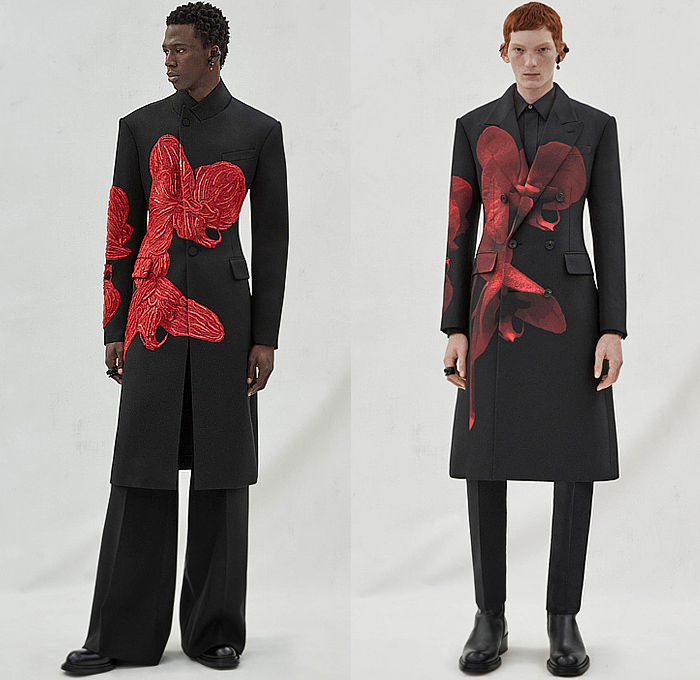 Alexander McQueen 2023-2024 Fall Autumn Winter Mens Lookbook Presentation - Dark Wash Denim Jeans Onesie Jumpsuit Coveralls Zipper Pockets Over Hem Patchwork Tank Top Sculpture Plants Orchids Silhouette Sleeveless Bustier Long Sleeve Shirt Neck Tie Double-Breasted Wide Leg Baggy Loose Crop Top Midriff Peplum Blazer Quilted Puffer Bomber Jacket Tights Leggings Outerwear Coat Parka Print Grunge Red Suit Satchel Chain Tote Handbag Backpack Boots