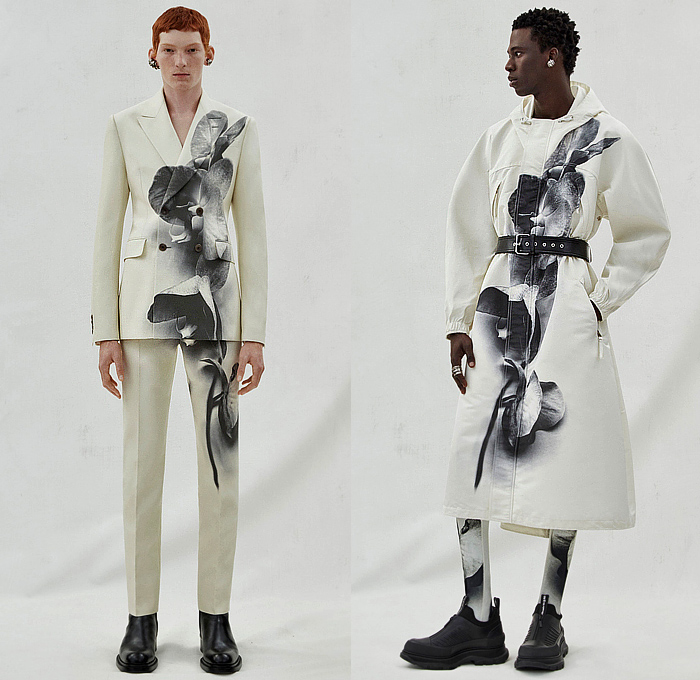 Alexander McQueen 2023-2024 Fall Autumn Winter Mens Lookbook Presentation - Dark Wash Denim Jeans Onesie Jumpsuit Coveralls Zipper Pockets Over Hem Patchwork Tank Top Sculpture Plants Orchids Silhouette Sleeveless Bustier Long Sleeve Shirt Neck Tie Double-Breasted Wide Leg Baggy Loose Crop Top Midriff Peplum Blazer Quilted Puffer Bomber Jacket Tights Leggings Outerwear Coat Parka Print Grunge Red Suit Satchel Chain Tote Handbag Backpack Boots