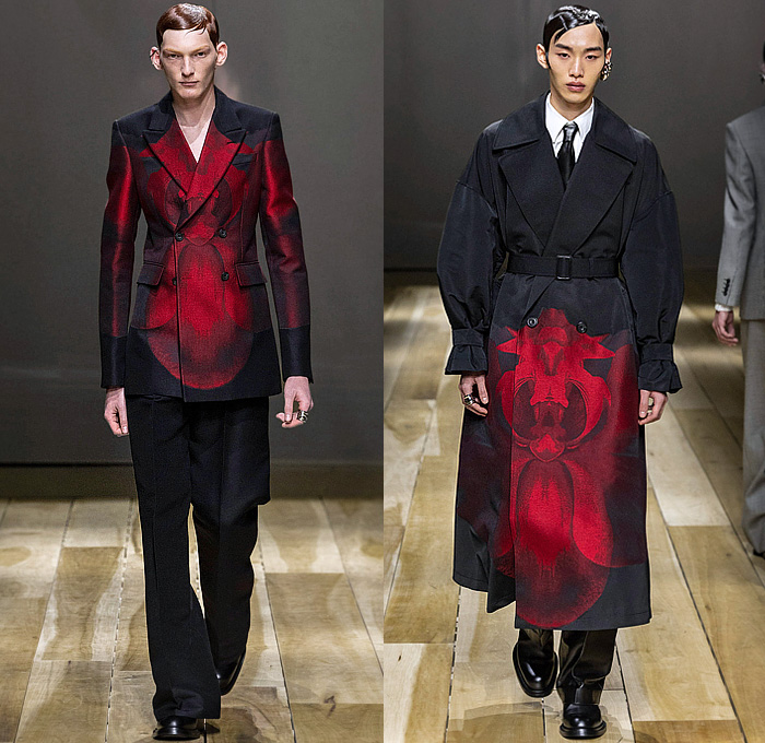 Alexander McQueen 2023-2024 Fall Autumn Winter Mens Runway Collection - Paris Fashion Week Femme PFW - Anatomy of Tailoring - Strapless Open Shoulders Androgynous Bustier Double-Breasted Jacket Red Black Skeletal Orchid Jacquard Knit Knitwear Weave Cutout Draped Sleeveless Vest Gilet Bedazzled Crystals Sculpture Outerwear Trench Coat Pointed Shoulders Check Onesie Jumpsuit Coveralls Suit Wide Leg Tuxedo Trousers