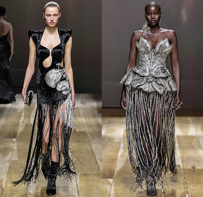 Alexander McQueen 2023-2024 Fall Autumn Winter Womens Runway Collection - Paris Fashion Week Femme PFW - Strapless Bustier Belts Motorcycle Biker Frankenstein Shoulders Metallic Fringes Bugle Beads Studs Crystals Embroidery Pantsuit Cutout Knit Ribbed Coils Sweater Turtleneck Black Corset Onesie Jumpsuit Skeletal Orchid Jacquard Nightshade Dress Exploded Neckline Sheer Tulle Pinstripe Gown Trench Coat Ruffles One Shoulder Denim Jeans Wrapped Puffball Skirt Shorts Boots Handbag Gloves