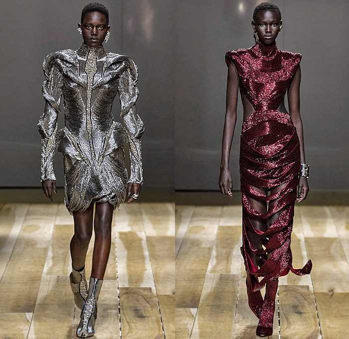 Alexander McQueen 2023-2024 Fall Autumn Winter Womens Runway Collection - Paris Fashion Week Femme PFW - Strapless Bustier Belts Motorcycle Biker Frankenstein Shoulders Metallic Fringes Bugle Beads Studs Crystals Embroidery Pantsuit Cutout Knit Ribbed Coils Sweater Turtleneck Black Corset Onesie Jumpsuit Skeletal Orchid Jacquard Nightshade Dress Exploded Neckline Sheer Tulle Pinstripe Gown Trench Coat Ruffles One Shoulder Denim Jeans Wrapped Puffball Skirt Shorts Boots Handbag Gloves