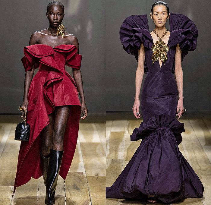 Alexander McQueen 2023-2024 Fall Autumn Winter Womens Runway Collection - Paris Fashion Week Femme PFW - Strapless Bustier Belts Motorcycle Biker Frankenstein Shoulders Metallic Fringes Bugle Beads Studs Crystals Embroidery Pantsuit Cutout Knit Ribbed Coils Sweater Turtleneck Black Corset Onesie Jumpsuit Skeletal Orchid Jacquard Nightshade Dress Exploded Neckline Sheer Tulle Pinstripe Gown Trench Coat Ruffles One Shoulder Denim Jeans Wrapped Puffball Skirt Shorts Boots Handbag Gloves