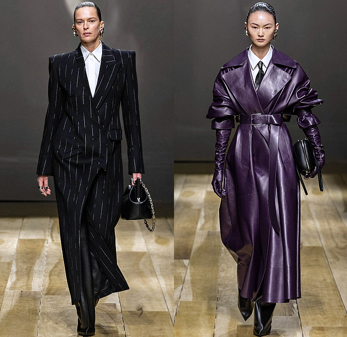 Alexander McQueen 2023-2024 Fall Autumn Winter Womens Runway Collection - Paris Fashion Week Femme PFW - Strapless Bustier Belts Motorcycle Biker Frankenstein Shoulders Metallic Fringes Bugle Beads Studs Crystals Embroidery Pantsuit Cutout Knit Ribbed Coils Sweater Turtleneck Black Corset Onesie Jumpsuit Skeletal Orchid Jacquard Nightshade Dress Exploded Neckline Sheer Tulle Pinstripe Gown Trench Coat Ruffles One Shoulder Denim Jeans Wrapped Puffball Skirt Shorts Boots Handbag Gloves