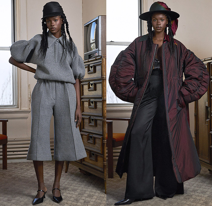 anOnlyChild by Maxwell Osborne 2023-2024 Fall Autumn Winter Womens Lookbook Presentation - Poufy Shoulders Bloated Balloon Lantern Sleeves Wide Pointy Collar Parachute Outerwear Coat Parka Anorak Windbreaker Waves Droopy Silk Satin Flowers Floral Quilted Puffer Turtleneck Trackwear Track Pants Colorblock Low Neck Long Sleeve Blouse Dots Blazerdress Pantsuit Wide Leg Culottes Palazzo Pants Flare Baseball Cap Wide Brim Hat Kitten Heels