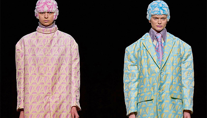 ANREALAGE 2023-2024 Fall Autumn Winter Womens Runway Collection Looks - Paris Fashion Week Femme PFW - UV Light Ultraviolet Turtleneck Knit Crochet Weave Embroidery Doily Flowers Floral Mesh Capelet Pellegrina Onesie Jumpsuit Bedazzled Beads Tiered Logo Stripes Polka Dots Argyle Check Plaid Dress Tied Knot Bow Reverse Robe Coat Quilted Puffer Bell Hem Silk Satin Pantsuit Blazer Jacket Head Scarf Helmet Fur Sneakers