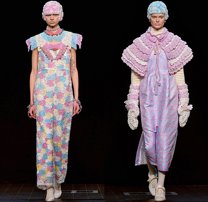 ANREALAGE 2023-2024 Fall Autumn Winter Womens Runway Collection Looks - Paris Fashion Week Femme PFW - UV Light Ultraviolet Turtleneck Knit Crochet Weave Embroidery Doily Flowers Floral Mesh Capelet Pellegrina Onesie Jumpsuit Bedazzled Beads Tiered Logo Stripes Polka Dots Argyle Check Plaid Dress Tied Knot Bow Reverse Robe Coat Quilted Puffer Bell Hem Silk Satin Pantsuit Blazer Jacket Head Scarf Helmet Fur Sneakers